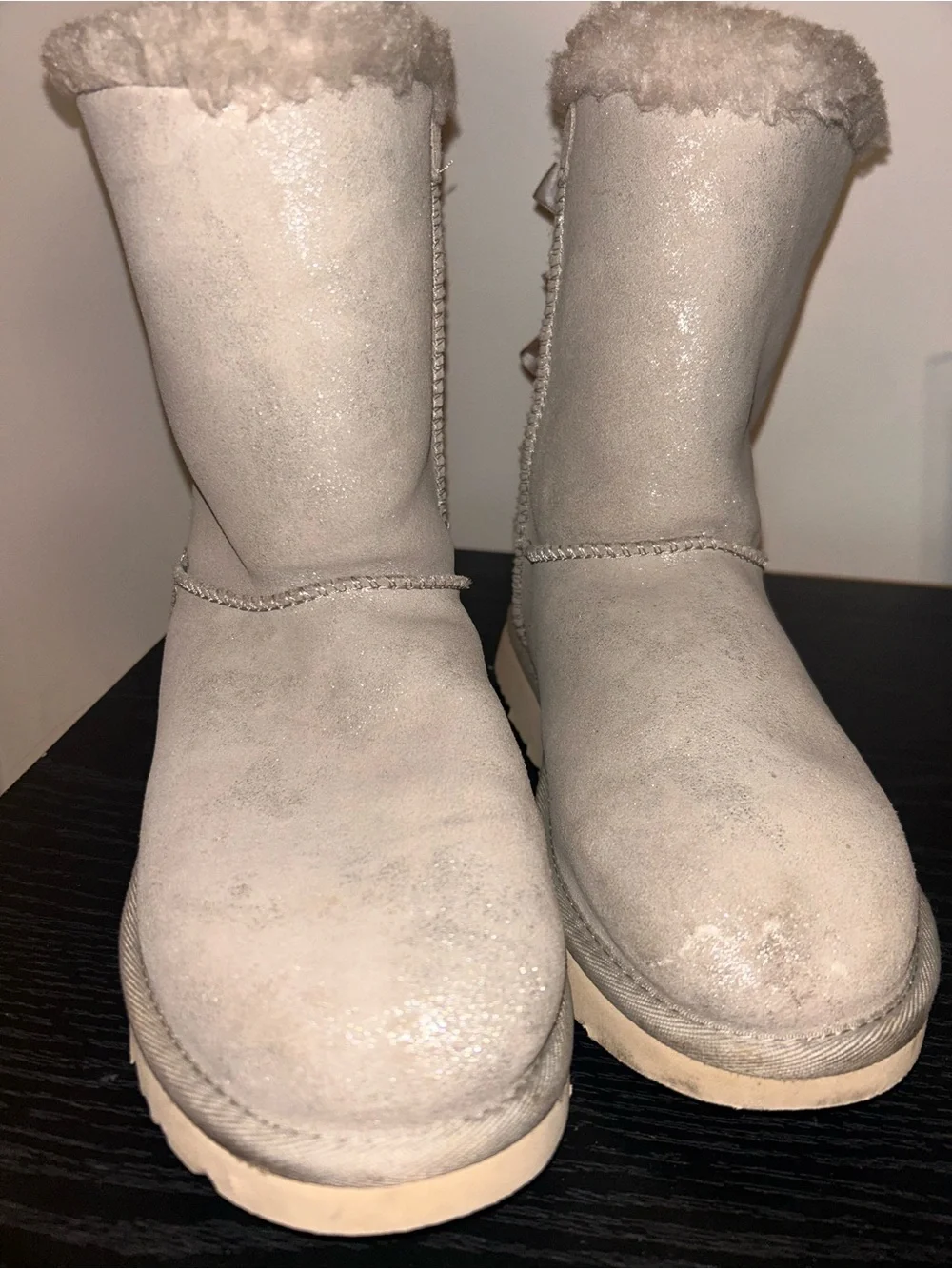 UGG Light Taupe Short Shearling Boots with Satin Bows